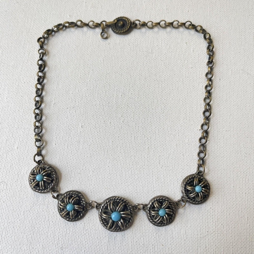 Vintage Ethnic Silver Tone Brass Blue Cabochon Plastic Filigree Collar Necklace